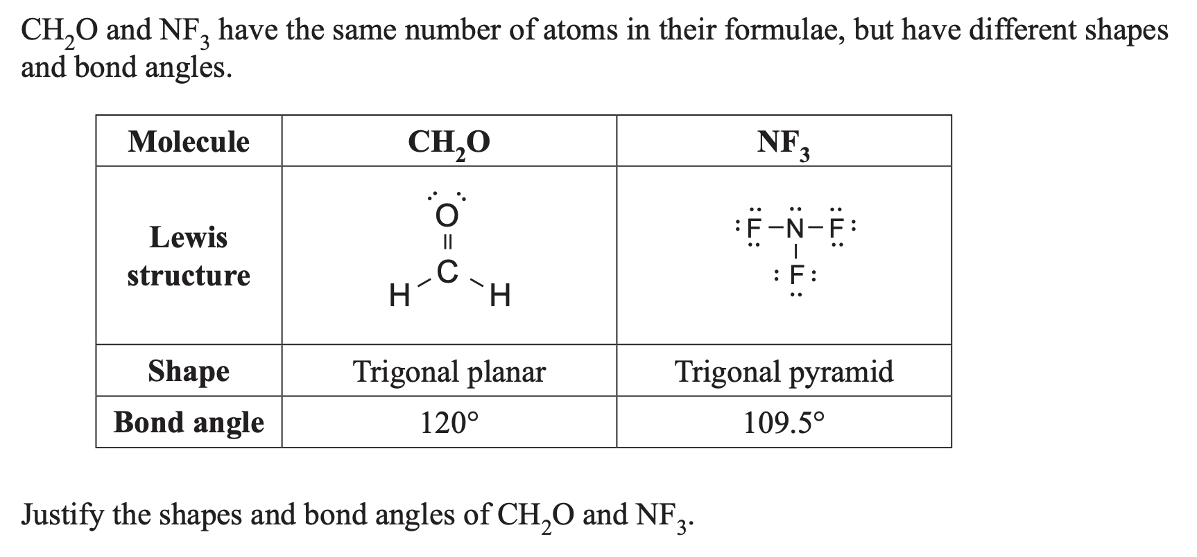 Question diagram showing the Lewis structures of CH2O and NF3